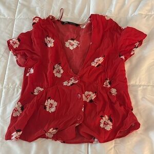 ZARA Red floral shirt sleeve blouse